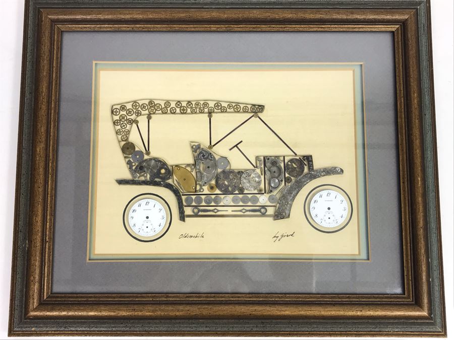 Handmade Oldsmobile Car Clock Parts Collage Framed Artwork Signed By Girard 17' X 14' [Photo 1]