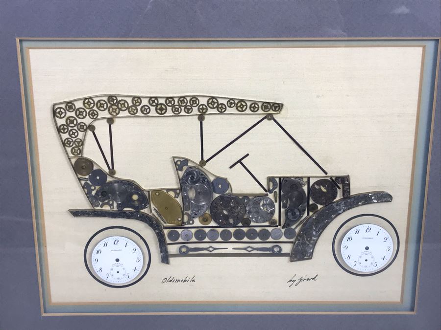 Handmade Oldsmobile Car Clock Parts Collage Framed Artwork Signed By Girard 17' X 14' [Photo 3]