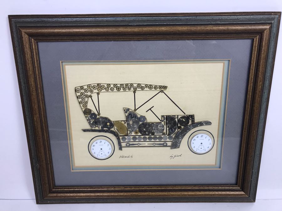 Handmade Oldsmobile Car Clock Parts Collage Framed Artwork Signed By Girard 17' X 14' [Photo 2]