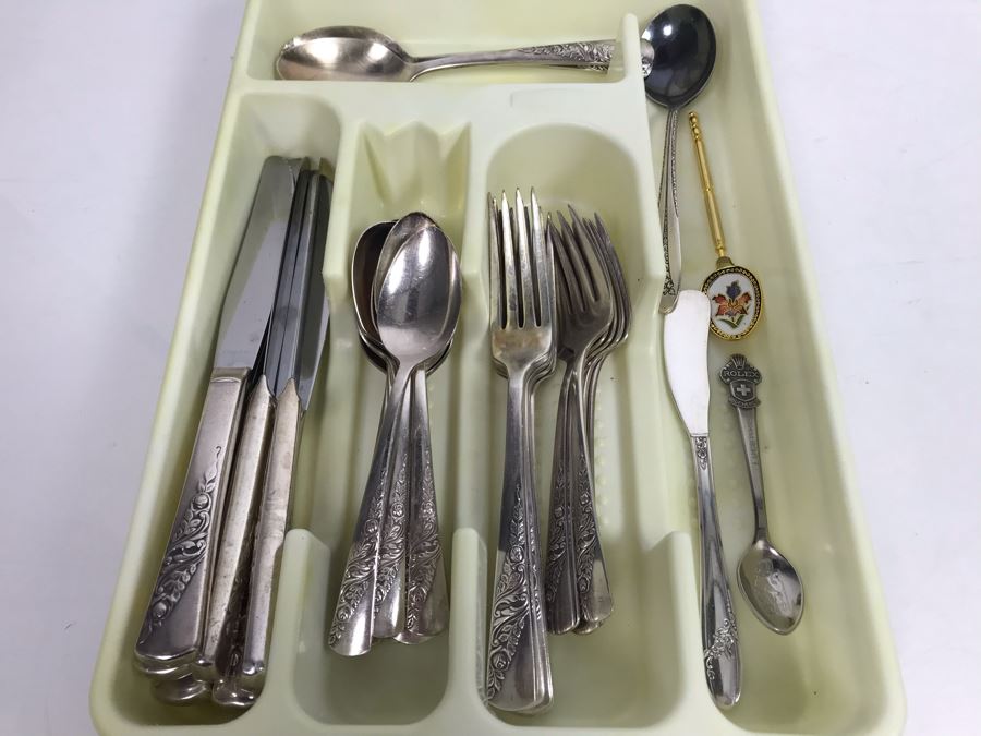 Silverplate Flatware Set With Rolex Tourist Spoon And Cloisonne Spoon