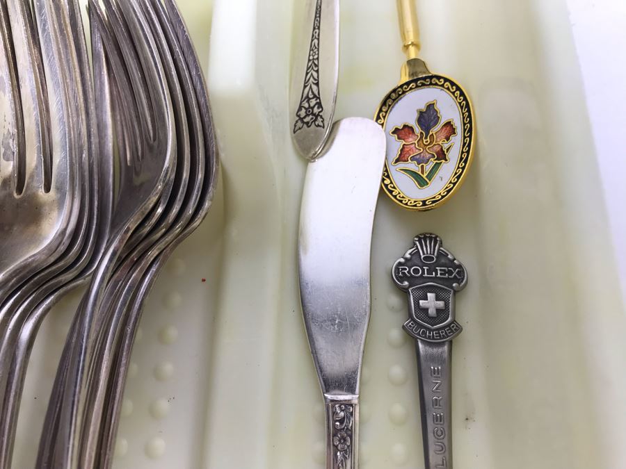 Silverplate Flatware Set With Rolex Tourist Spoon And Cloisonne Spoon [Photo 4]