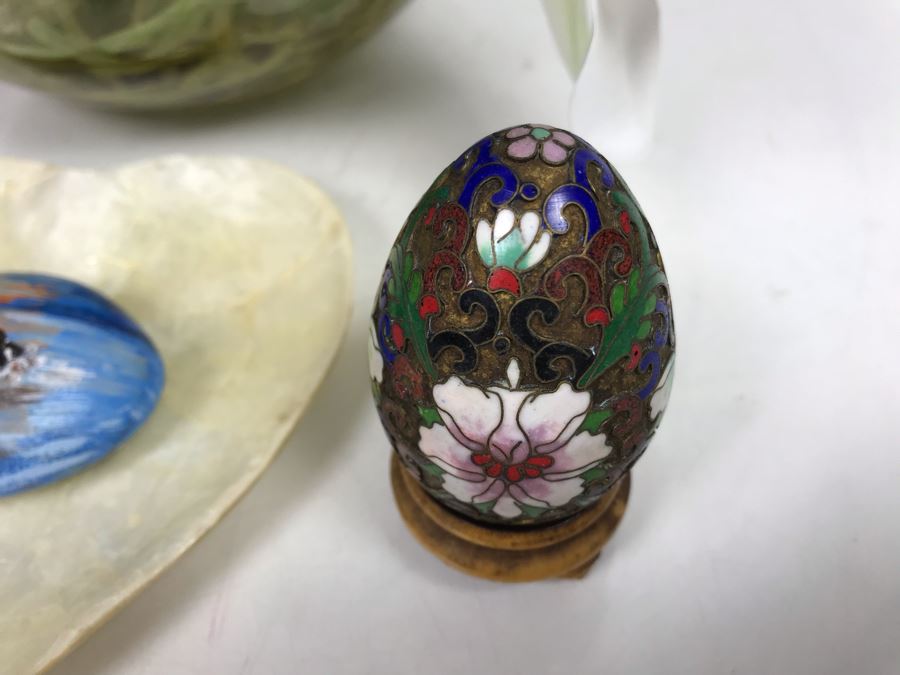 Faux Orchid Flower Arrangement, Cloisonne Egg With Stand, Organic Coral Sculpture, Hand Painted Rock And Shell-Craft Heart Dish [Photo 8]