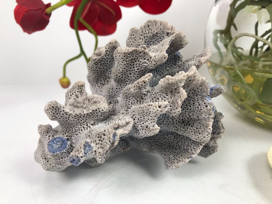 Faux Orchid Flower Arrangement, Cloisonne Egg With Stand, Organic Coral Sculpture, Hand Painted Rock And Shell-Craft Heart Dish [Photo 6]