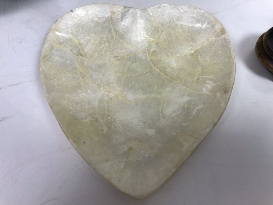 Faux Orchid Flower Arrangement, Cloisonne Egg With Stand, Organic Coral Sculpture, Hand Painted Rock And Shell-Craft Heart Dish [Photo 16]