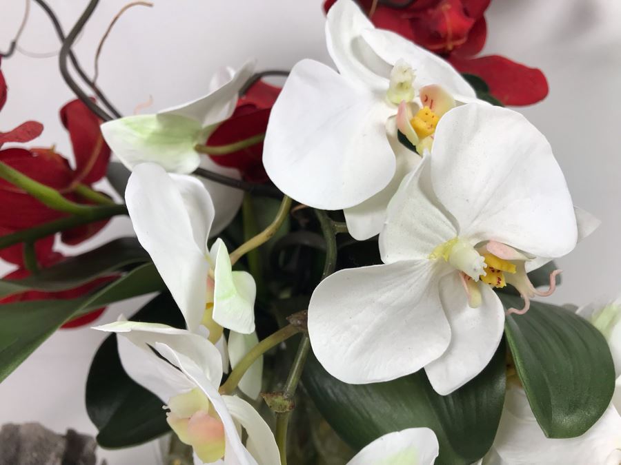 Faux Orchid Flower Arrangement, Cloisonne Egg With Stand, Organic Coral Sculpture, Hand Painted Rock And Shell-Craft Heart Dish [Photo 3]