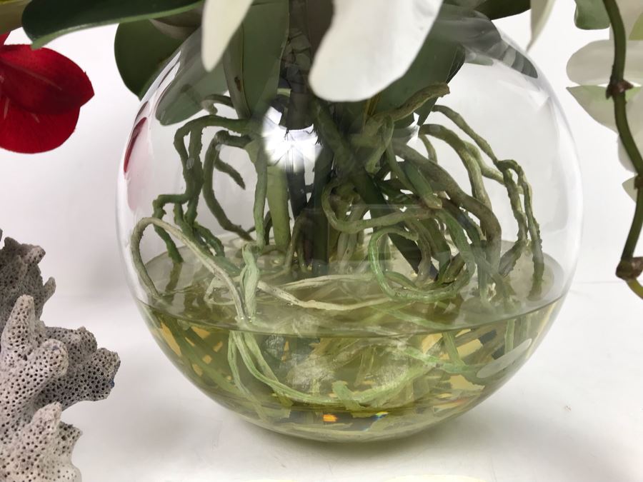 Faux Orchid Flower Arrangement, Cloisonne Egg With Stand, Organic Coral Sculpture, Hand Painted Rock And Shell-Craft Heart Dish [Photo 4]