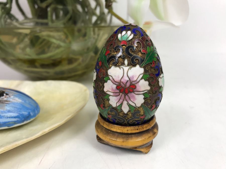 Faux Orchid Flower Arrangement, Cloisonne Egg With Stand, Organic Coral Sculpture, Hand Painted Rock And Shell-Craft Heart Dish [Photo 7]