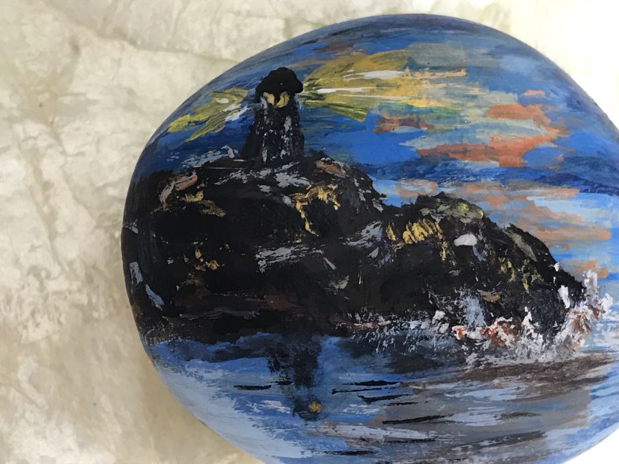 Faux Orchid Flower Arrangement, Cloisonne Egg With Stand, Organic Coral Sculpture, Hand Painted Rock And Shell-Craft Heart Dish [Photo 13]