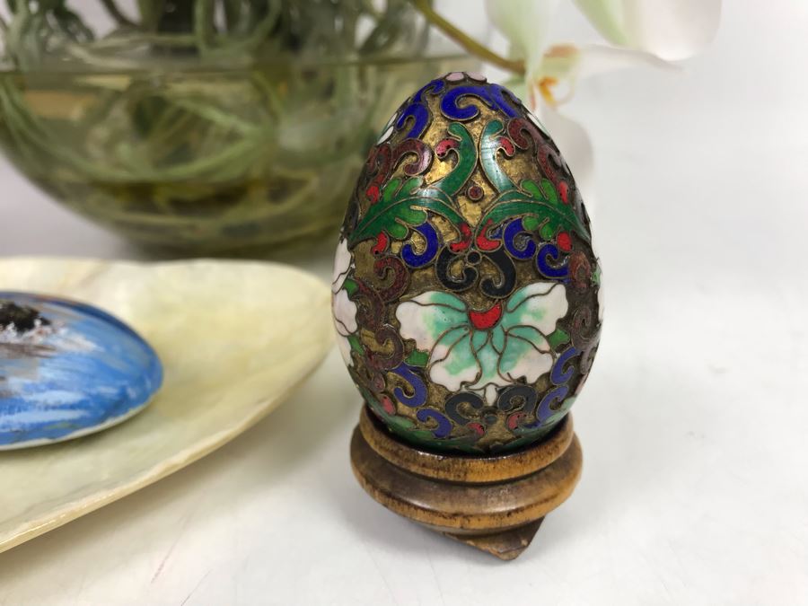 Faux Orchid Flower Arrangement, Cloisonne Egg With Stand, Organic Coral Sculpture, Hand Painted Rock And Shell-Craft Heart Dish [Photo 9]