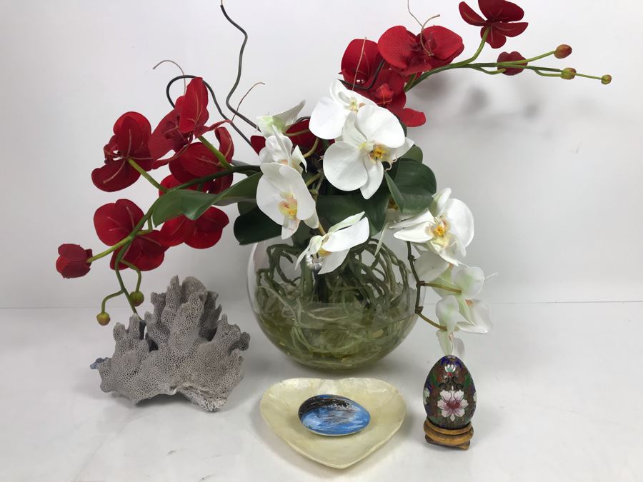 Faux Orchid Flower Arrangement, Cloisonne Egg With Stand, Organic Coral Sculpture, Hand Painted Rock And Shell-Craft Heart Dish [Photo 2]