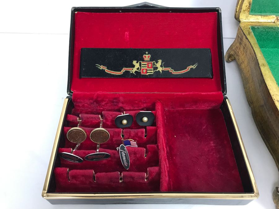Italian Gilt Wooden Jewelry Box, Carved Chinese Jade And Knot Design Bookmark Of Character Fu 'Blessing', Various Mens Tie Clips And Cufflinks With Box And Glass Pendant [Photo 11]