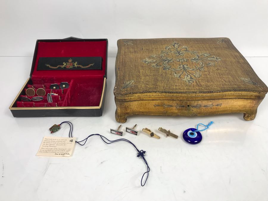 Italian Gilt Wooden Jewelry Box, Carved Chinese Jade And Knot Design Bookmark Of Character Fu 'Blessing', Various Mens Tie Clips And Cufflinks With Box And Glass Pendant [Photo 4]