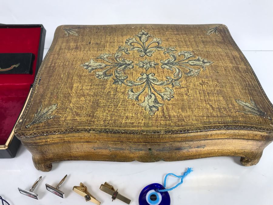 Italian Gilt Wooden Jewelry Box, Carved Chinese Jade And Knot Design Bookmark Of Character Fu 'Blessing', Various Mens Tie Clips And Cufflinks With Box And Glass Pendant [Photo 6]