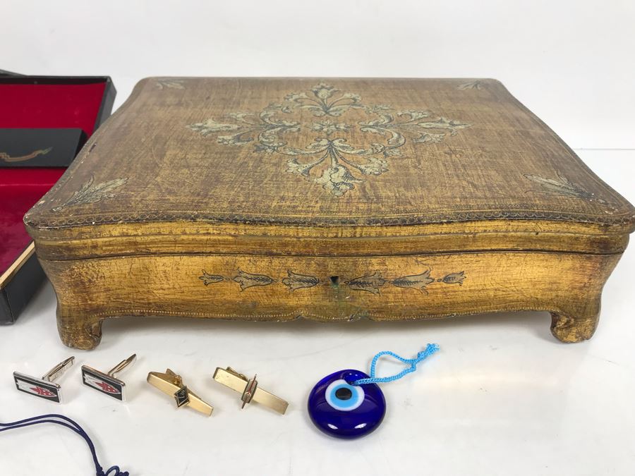 Italian Gilt Wooden Jewelry Box, Carved Chinese Jade And Knot Design Bookmark Of Character Fu 'Blessing', Various Mens Tie Clips And Cufflinks With Box And Glass Pendant [Photo 5]