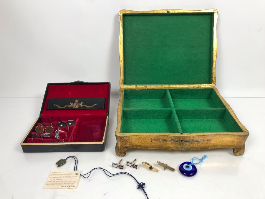 Italian Gilt Wooden Jewelry Box, Carved Chinese Jade And Knot Design Bookmark Of Character Fu 'Blessing', Various Mens Tie Clips And Cufflinks With Box And Glass Pendant [Photo 3]