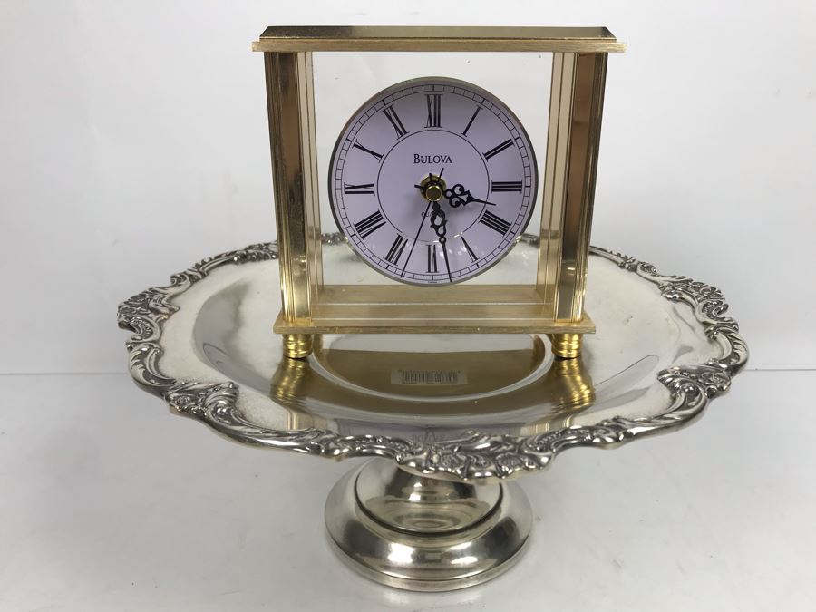 Reed & Barton Footed Silverplate Dish And Bulova Quartz Mantle Clock [Photo 2]