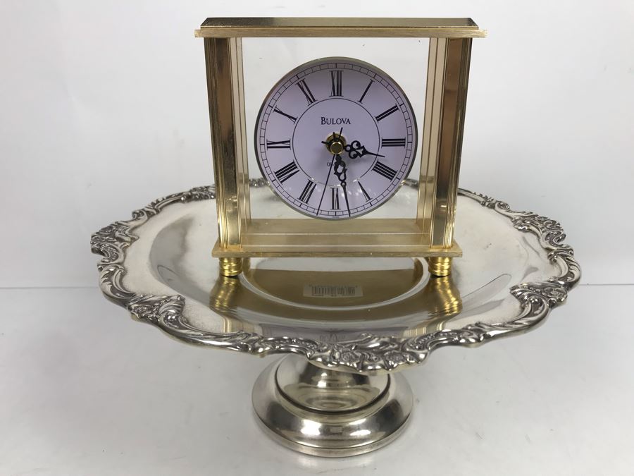 Reed & Barton Footed Silverplate Dish And Bulova Quartz Mantle Clock