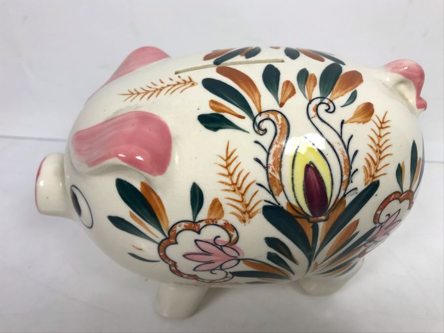 Vintage Hand Painted Breakable Piggy Bank With Several Unknown Coins And Norman Rockwell Saturday Evening Post Cover 'Triple Self Portrait' Figurine From 1982 The Gift World Of Gorham [Photo 10]