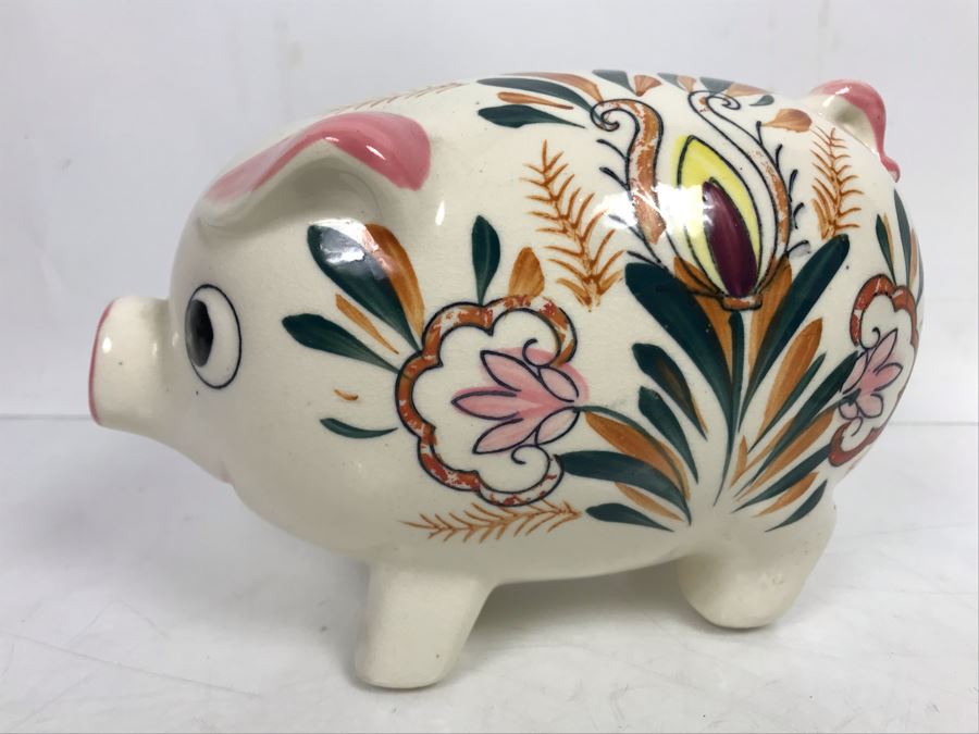 Vintage Hand Painted Breakable Piggy Bank With Several Unknown Coins