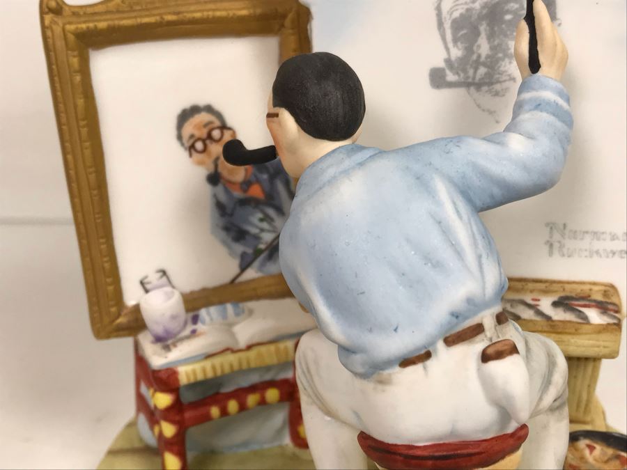Vintage Hand Painted Breakable Piggy Bank With Several Unknown Coins And Norman Rockwell Saturday Evening Post Cover 'Triple Self Portrait' Figurine From 1982 The Gift World Of Gorham [Photo 4]