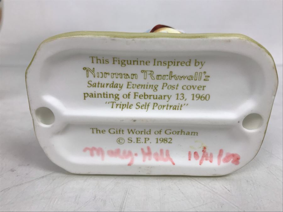 Vintage Hand Painted Breakable Piggy Bank With Several Unknown Coins And Norman Rockwell Saturday Evening Post Cover 'Triple Self Portrait' Figurine From 1982 The Gift World Of Gorham [Photo 8]