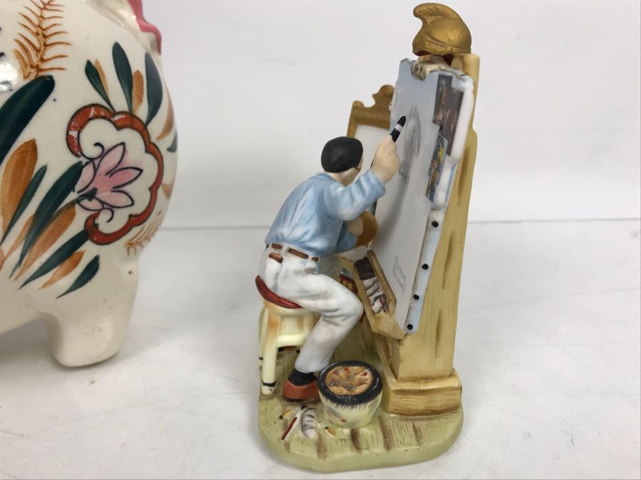 Vintage Hand Painted Breakable Piggy Bank With Several Unknown Coins And Norman Rockwell Saturday Evening Post Cover 'Triple Self Portrait' Figurine From 1982 The Gift World Of Gorham [Photo 6]