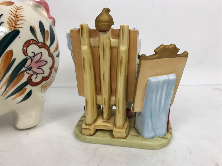 Vintage Hand Painted Breakable Piggy Bank With Several Unknown Coins And Norman Rockwell Saturday Evening Post Cover 'Triple Self Portrait' Figurine From 1982 The Gift World Of Gorham [Photo 7]