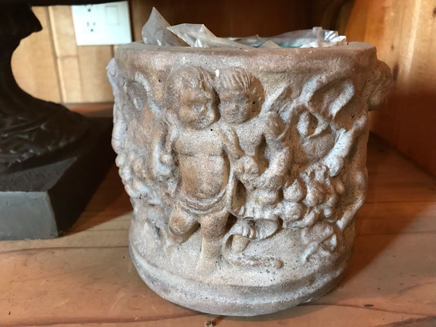 (3) Planters: Middle Is Light Foam, Right Cherubs Pot Is Heavy Cast Stone, Left Is Metal [Photo 2]