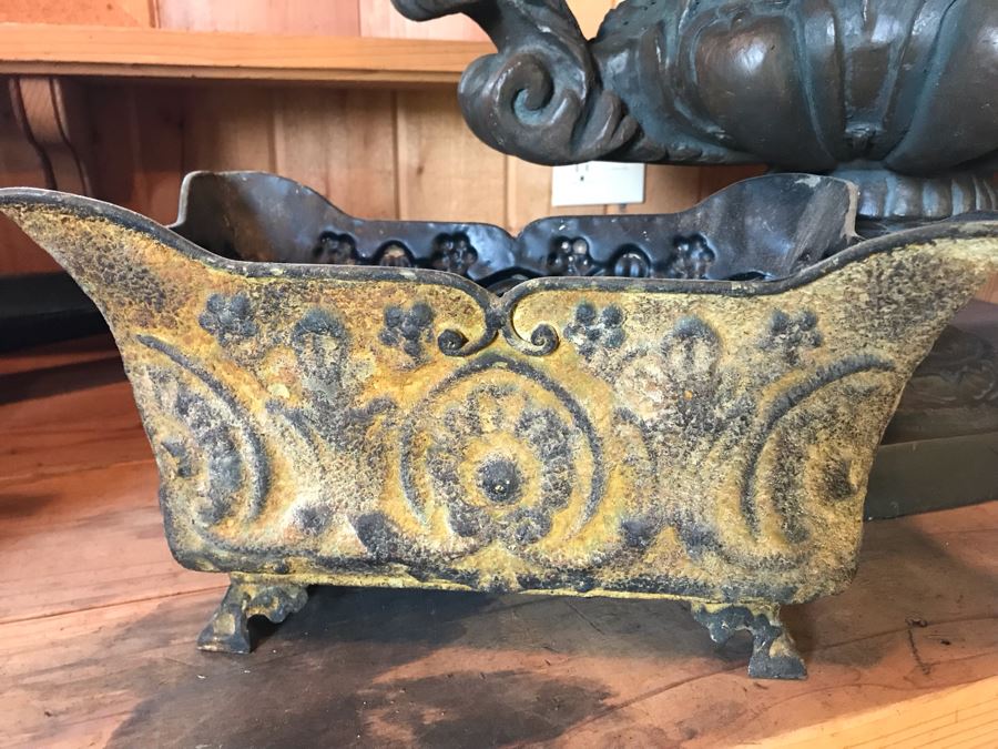 (3) Planters: Middle Is Light Foam, Right Cherubs Pot Is Heavy Cast Stone, Left Is Metal [Photo 8]