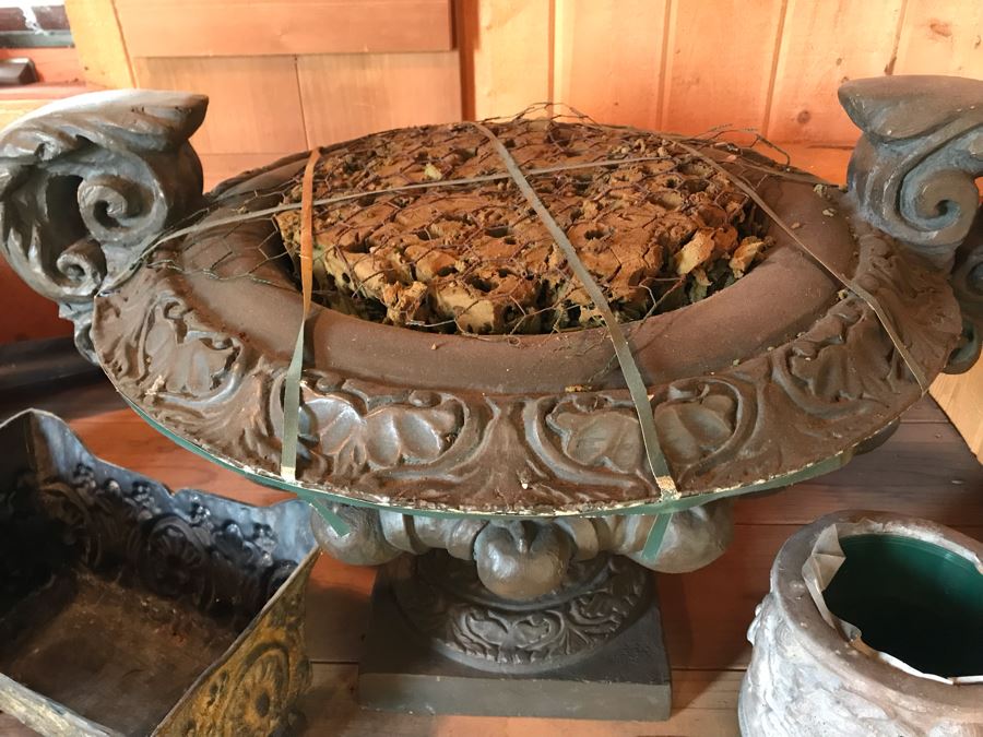 (3) Planters: Middle Is Light Foam, Right Cherubs Pot Is Heavy Cast Stone, Left Is Metal [Photo 7]