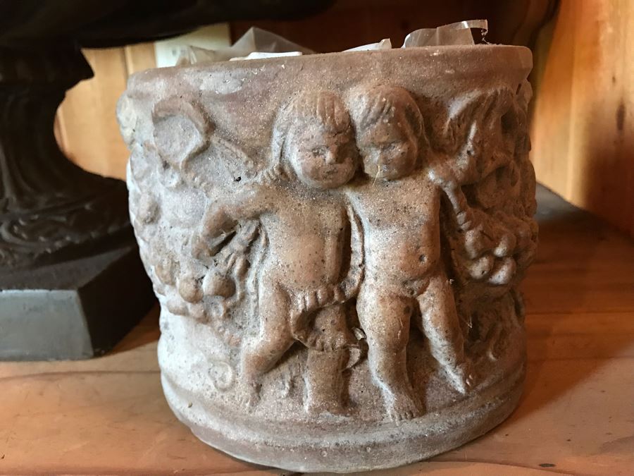 (3) Planters: Middle Is Light Foam, Right Cherubs Pot Is Heavy Cast Stone, Left Is Metal [Photo 4]