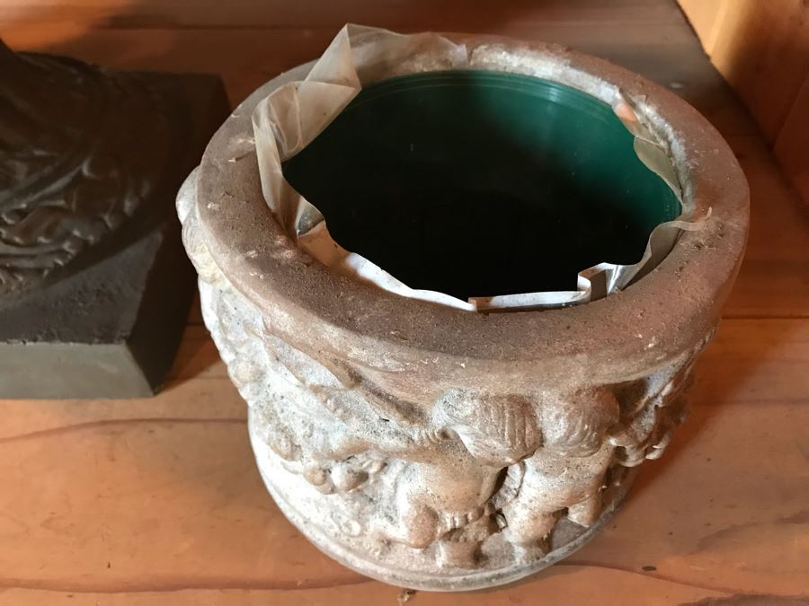 (3) Planters: Middle Is Light Foam, Right Cherubs Pot Is Heavy Cast Stone, Left Is Metal [Photo 5]