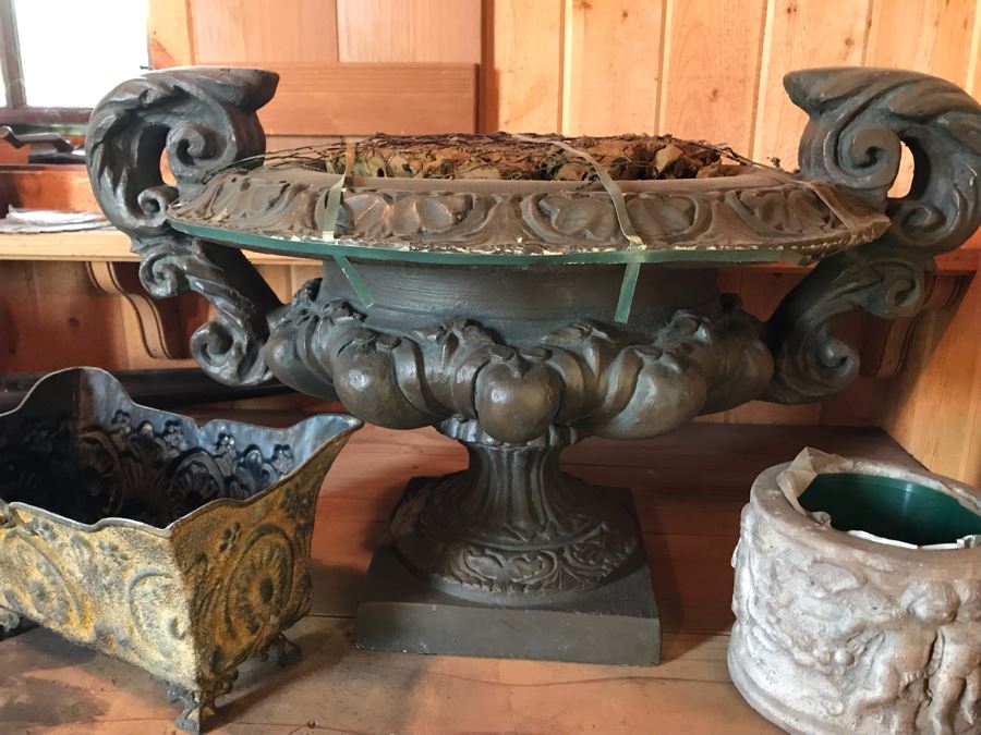 (3) Planters: Middle Is Light Foam, Right Cherubs Pot Is Heavy Cast Stone, Left Is Metal [Photo 6]