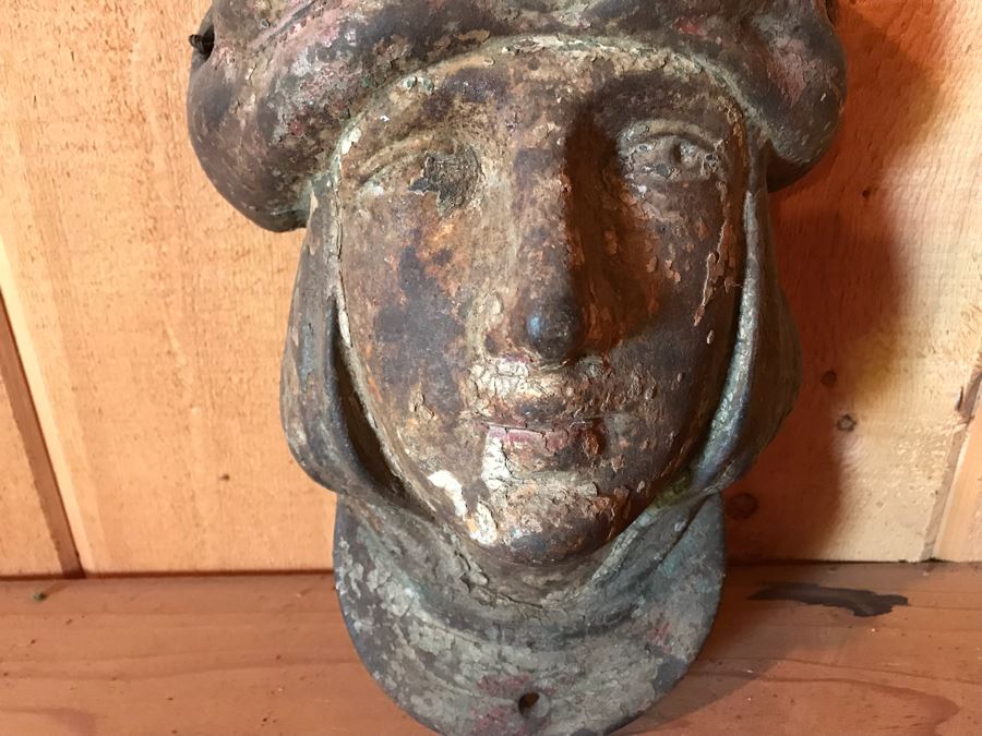 Antique Cast Iron Figure Head Relief Wall Sculpture Hand Painted