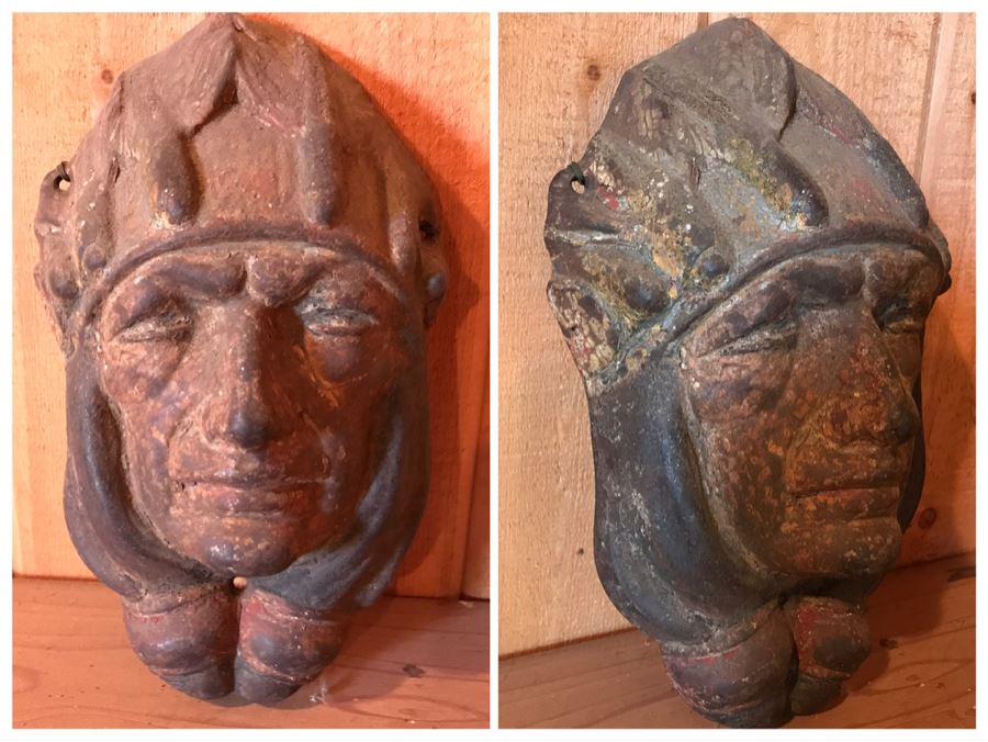 Antique 1919 Cast Iron Native American Indian Head Relief Wall Sculpture Hand Painted 103