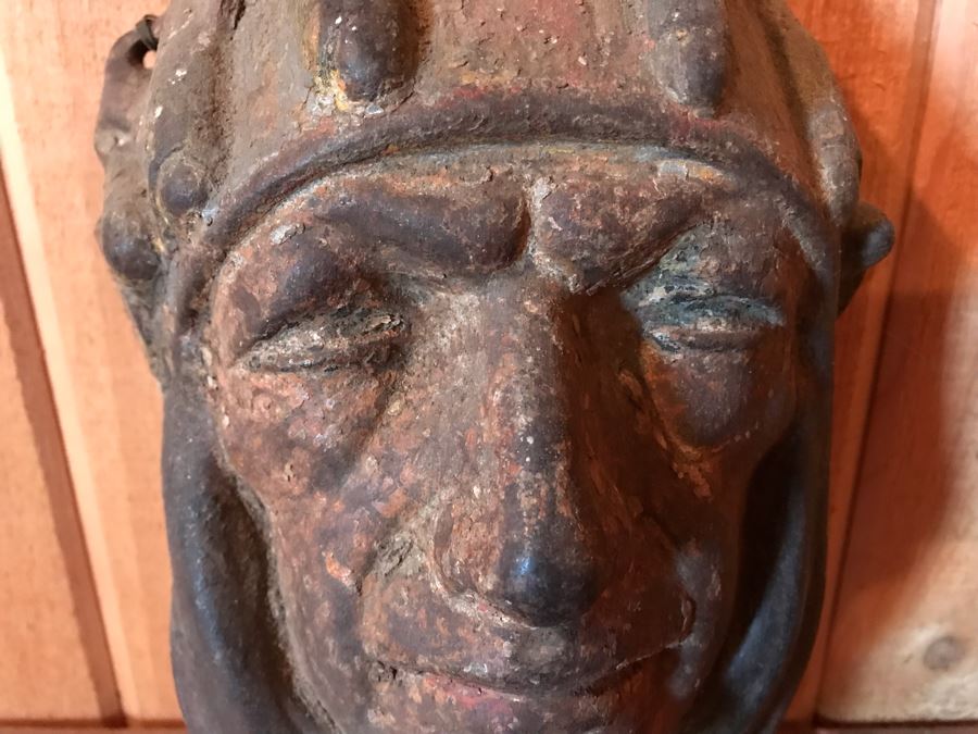 Antique 1919 Cast Iron Native American Indian Head Relief Wall Sculpture Hand Painted 103 [Photo 7]