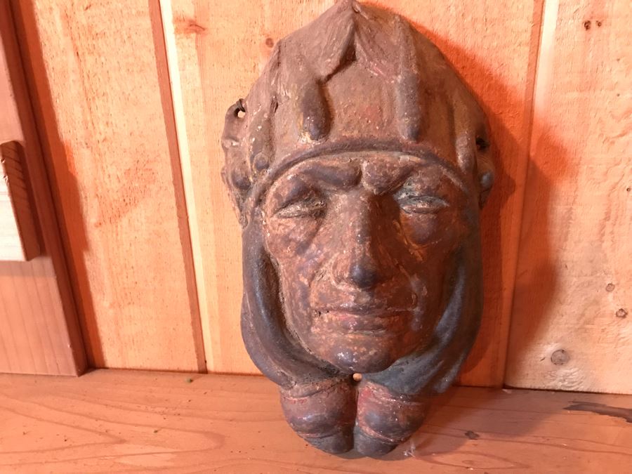 Antique 1919 Cast Iron Native American Indian Head Relief Wall Sculpture Hand Painted 103 [Photo 5]