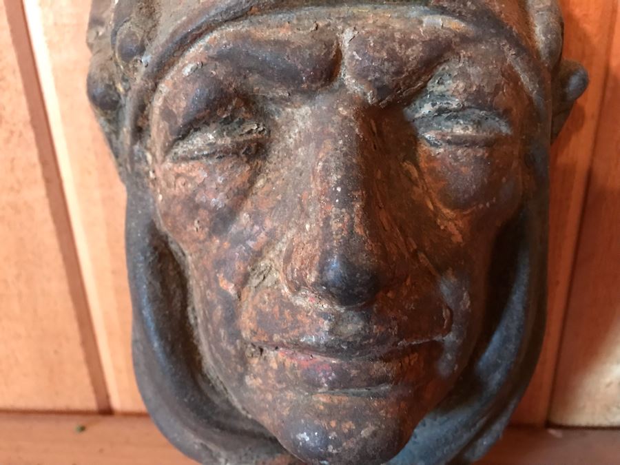 Antique 1919 Cast Iron Native American Indian Head Relief Wall Sculpture Hand Painted 103 [Photo 6]