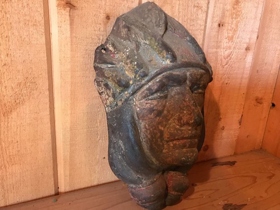 Antique 1919 Cast Iron Native American Indian Head Relief Wall Sculpture Hand Painted 103 [Photo 9]