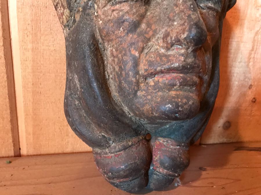 Antique 1919 Cast Iron Native American Indian Head Relief Wall Sculpture Hand Painted 103 [Photo 8]