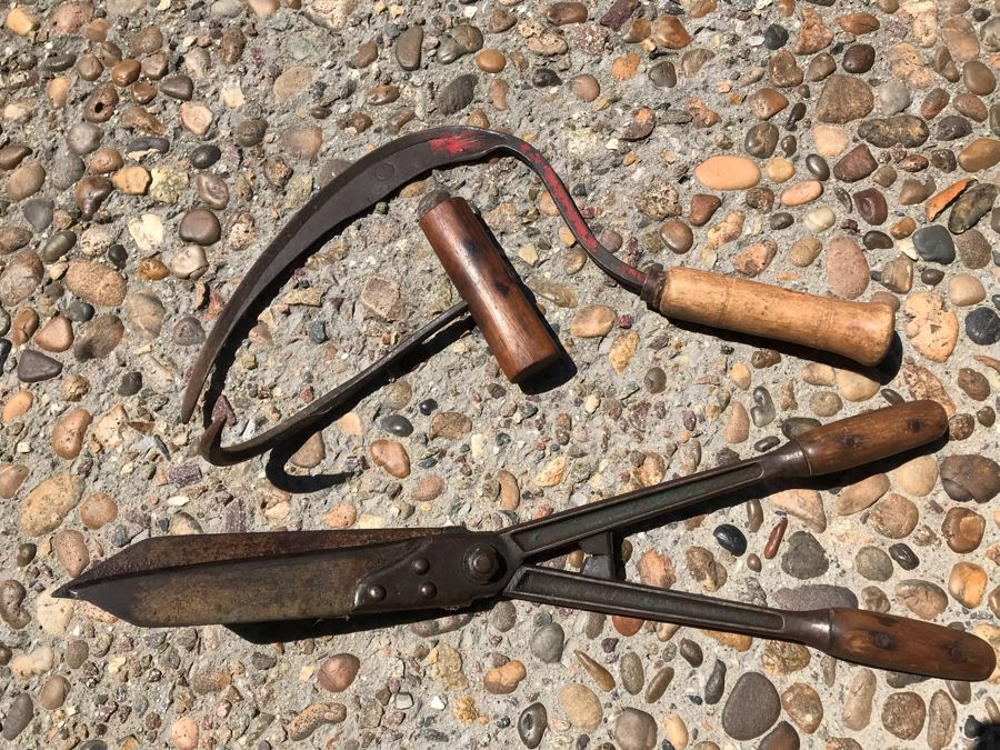 Antique Hand Scythe Hand Made In Austria, Antique Ice Hook And Vintage WISS 7.5' Garden Tool Pruning Shears [Photo 1]