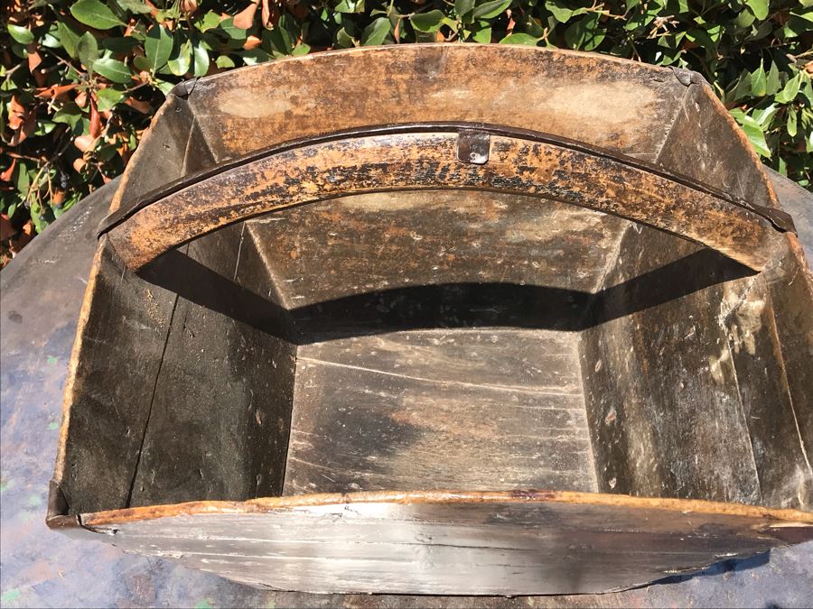 Antique Asian Wooden And Metal Basket With Handle And Writing 16'W X 10'H [Photo 7]