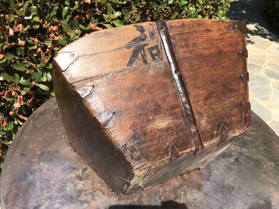 Antique Asian Wooden And Metal Basket With Handle And Writing 16'W X 10'H [Photo 12]