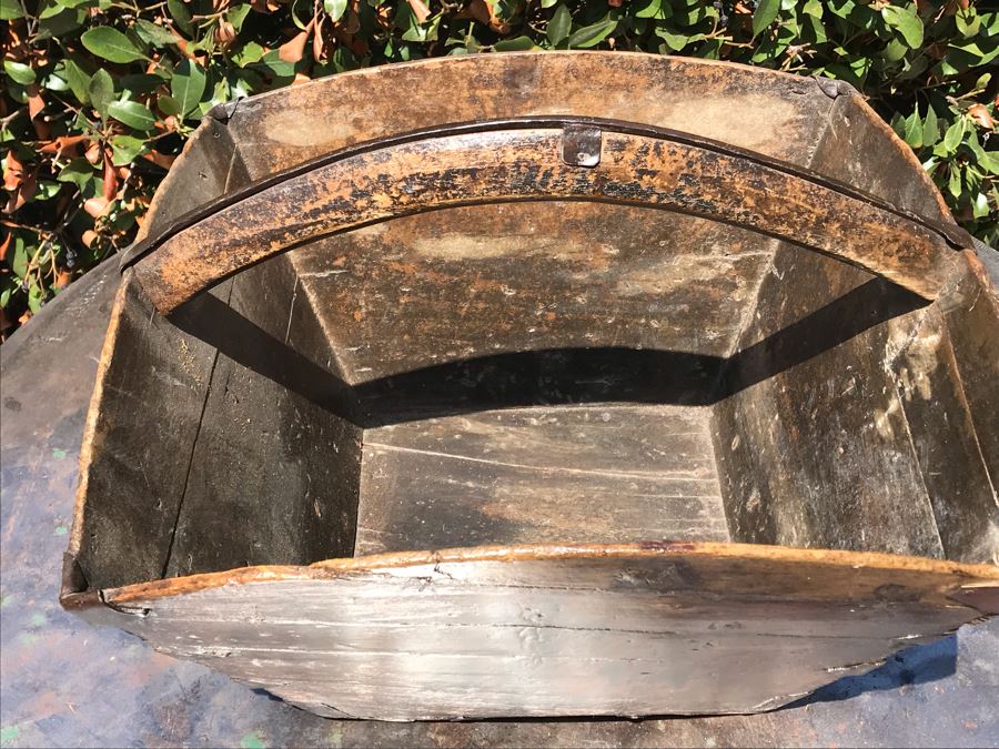 Antique Asian Wooden And Metal Basket With Handle And Writing 16'W X 10'H [Photo 6]