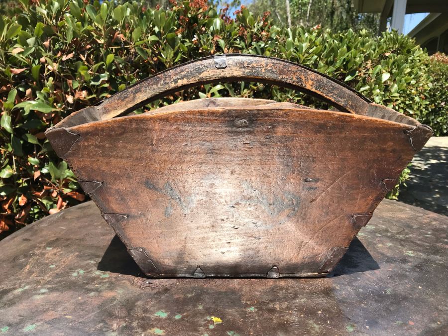 Antique Asian Wooden And Metal Basket With Handle And Writing 16'W X 10'H [Photo 9]