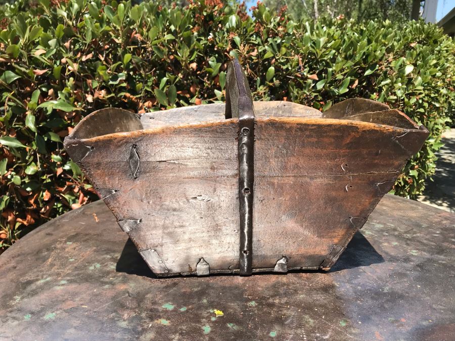 Antique Asian Wooden And Metal Basket With Handle And Writing 16'W X 10'H [Photo 8]