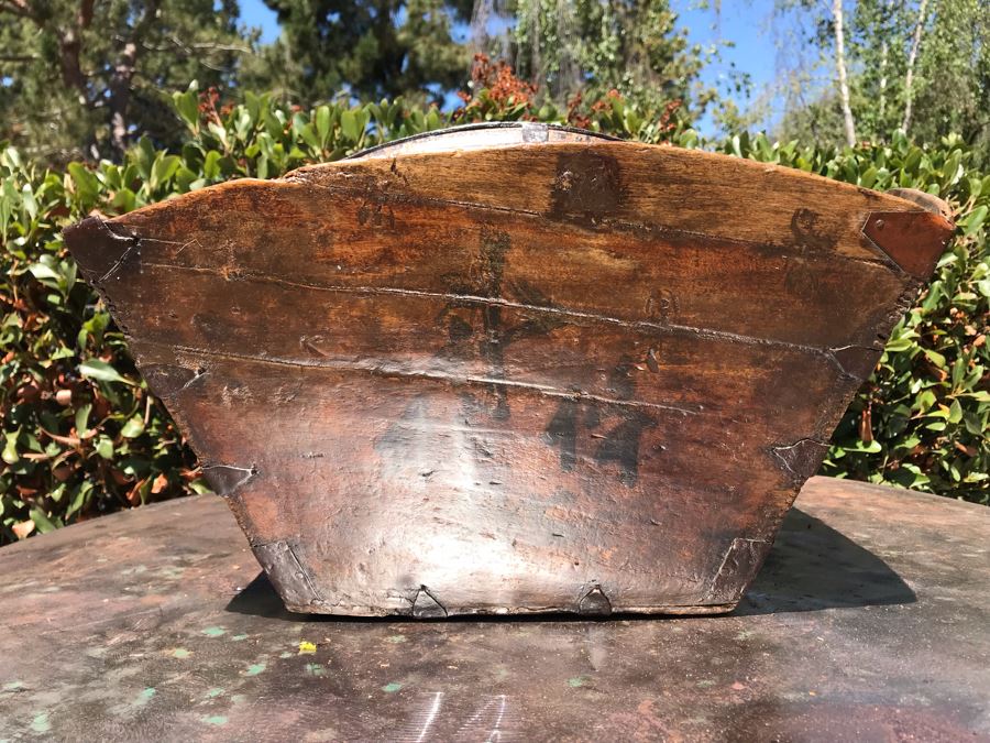 Antique Asian Wooden And Metal Basket With Handle And Writing 16'W X 10'H [Photo 2]