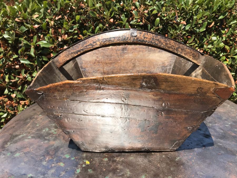 Antique Asian Wooden And Metal Basket With Handle And Writing 16'W X 10'H [Photo 3]
