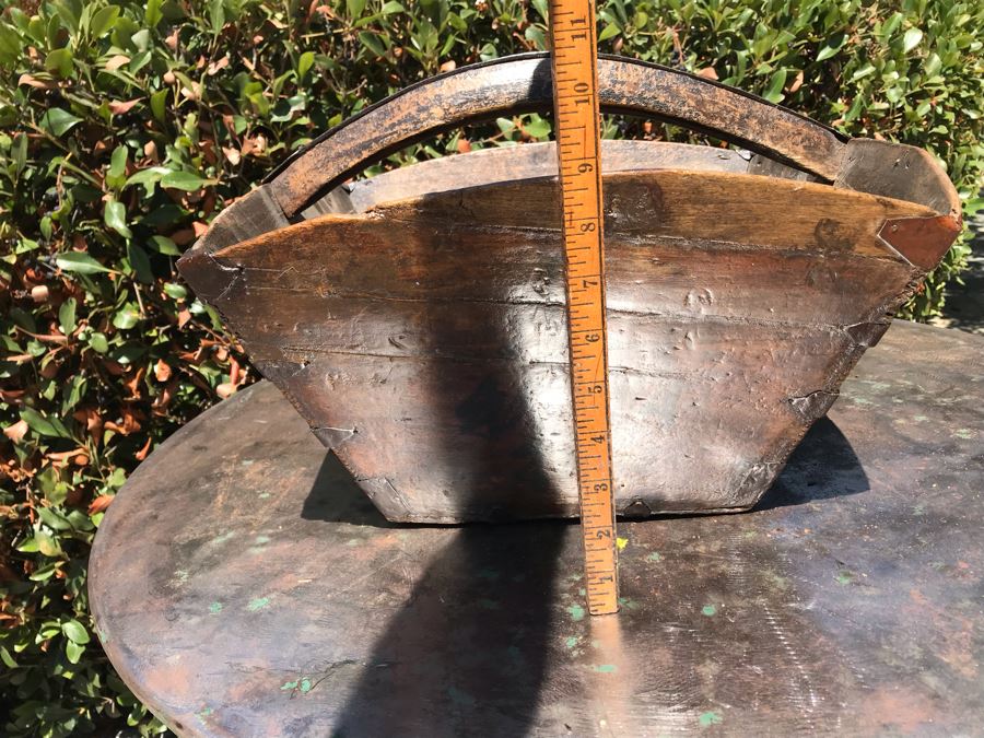 Antique Asian Wooden And Metal Basket With Handle And Writing 16'W X 10'H [Photo 17]