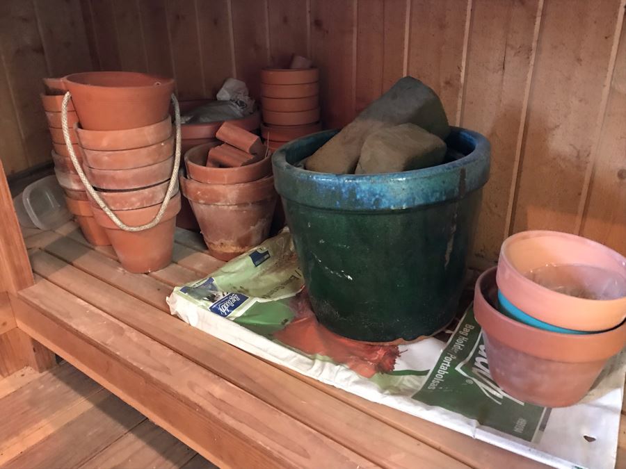 Clay Plant Pots Lot With Glazed Pot